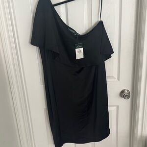 Lauren Ralph Lauren Black One-Shoulder Ruffle Shift Dress